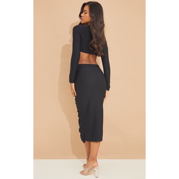 PrettyLittleThing Black Textured Cut Out Waist Midi Shirt Dress Size 2 - Picture 9 of 9